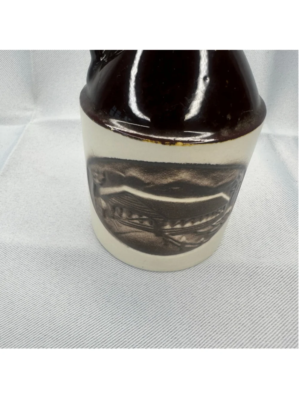Vintage Signed 1975 Vermont Studio Pottery Stoneware Mini Jug - Covered Bridge